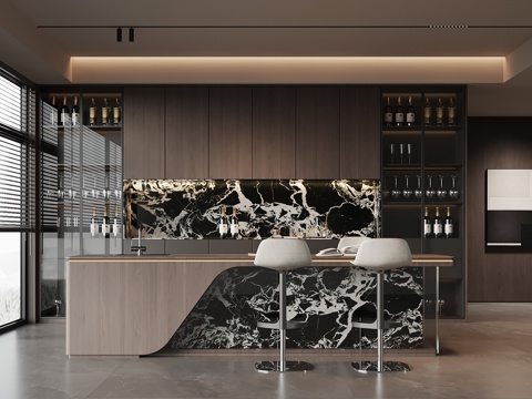 现代意式餐厅 岛台 餐桌椅 酒柜su模型