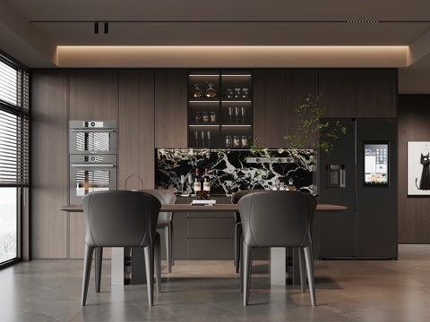 现代意式开放式餐厅 餐桌椅 酒柜su模型