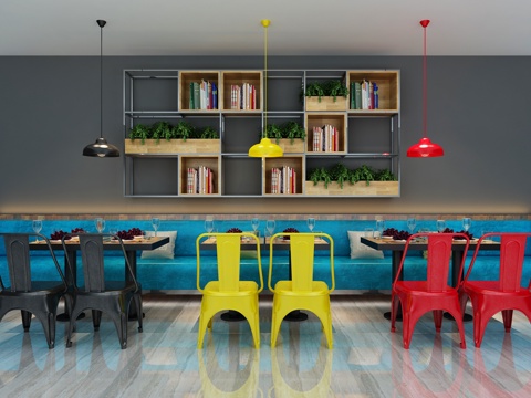 工业风卡座 卡台 长条沙发 餐厅桌椅 墙柜 工业复古吊灯3d模型