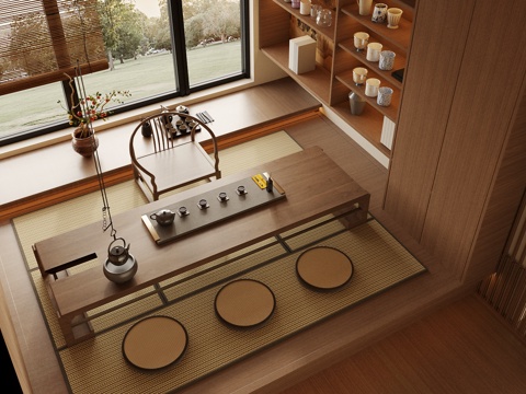 新中式茶室 茶具 茶桌椅 小茶台su模型