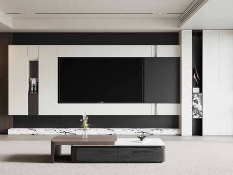 现代意式电视背景墙 茶几su模型