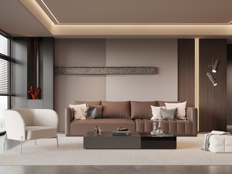 现代意式家居客厅 沙发茶几组合 背景墙su模型