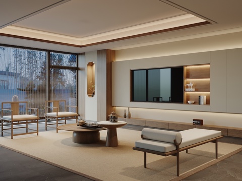 新中式电视背景墙su模型