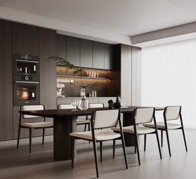 现代意式餐厅 餐桌椅 餐边柜su模型