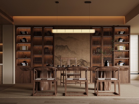 新中式茶室 茶桌椅 茶柜 置物柜su模型