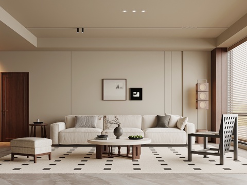 中古风家居客厅 沙发茶几组合 背景墙3d模型