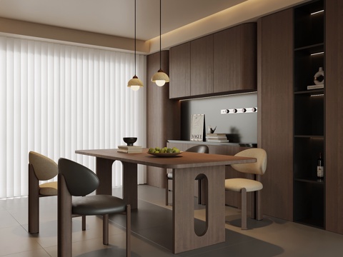 现代中古风餐厅 餐桌椅 餐边柜su模型