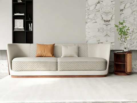 现代简约浅米色布艺三人沙发 编织纹理休闲椅  客厅阳台单椅su模型