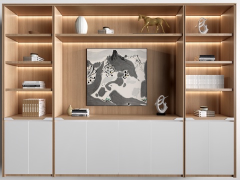 新中式装饰柜 新中式置物架 书架 茶具架su模型