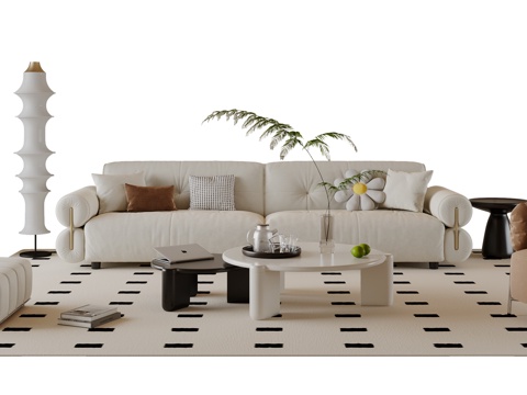  奶油风沙发茶几组合 多人沙发 布艺沙发 休闲椅 地毯su模型 