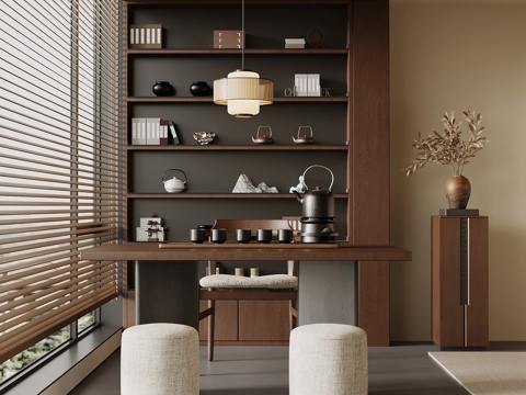 中古风阳台 小茶台 茶桌椅 茶柜su模型