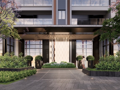 现代单元入户大门 入户景墙 入户装饰  小区楼栋大门su模型