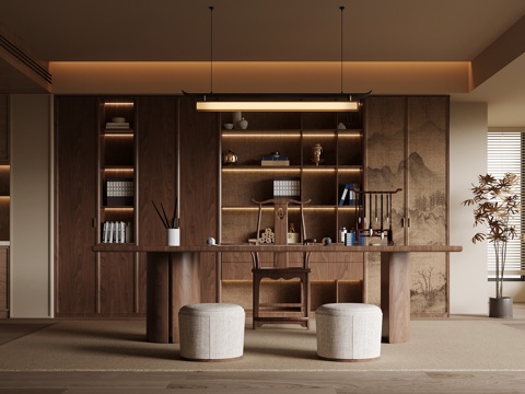 新中式宋氏书房 开放式书房 书桌椅 书柜su模型