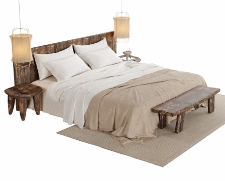 现代双人床 床尾凳su模型