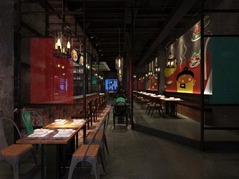  现代火锅店餐厅 餐椅 餐桌椅组合 墙绘 主题餐厅吧台 酒3d模型 