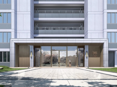 现代小区单元楼大门 小区入户双开门 入户门su模型