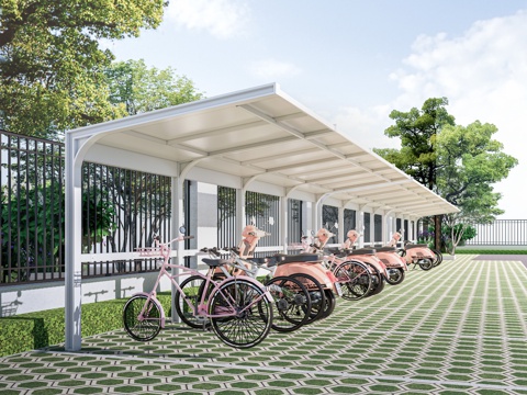 现代自行车棚 电动车棚 非机动车棚 自行车廊架su模型