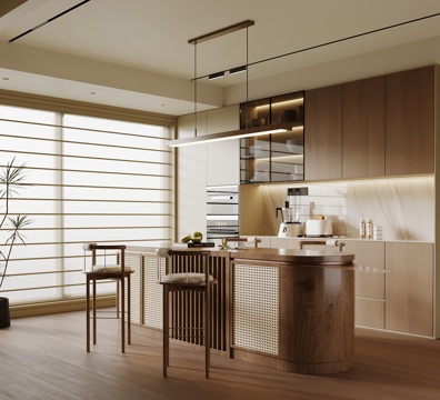 现代中古风餐厅 餐桌椅 餐边柜su模型