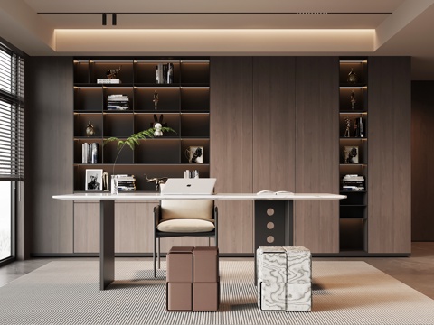 现代意式书房 书桌椅 书柜su模型