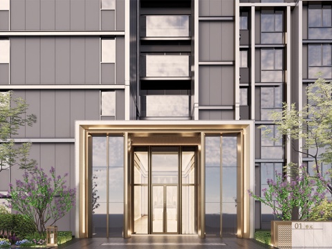 现代小区单元楼双开门  小区楼栋大门su模型