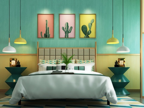 现代北欧床 双人床 挂画 地毯 抱枕  吊灯 床头柜3d模型