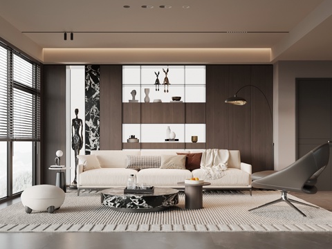 现代意式家居客厅 沙发茶几组合 装饰柜su模型