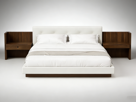 现代简约白色软包床 深木色床头柜 卧室套装su模型