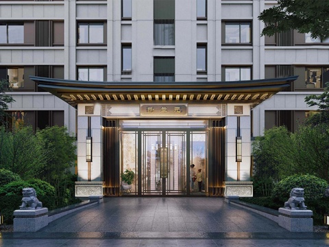 新中式住宅入户大门  单元入户门头su模型