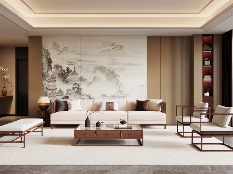 新中式客厅 沙发茶几组合 沙发背景墙su模型