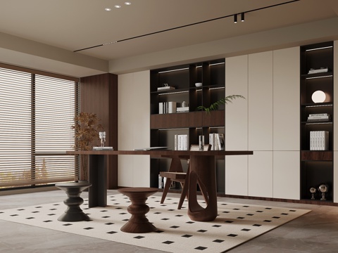 现代中古风开放式书房 书桌椅 书柜su模型