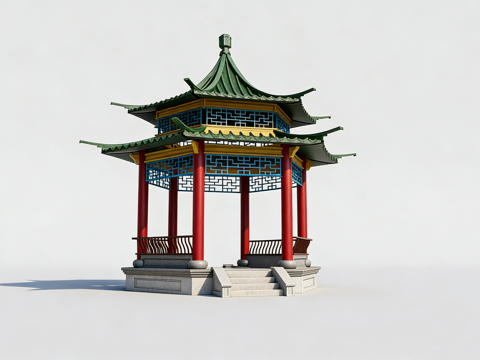 中式绿色琉璃瓦屋顶组件 古建凉亭寺庙屋面 红色镂空雕花木柱su模型