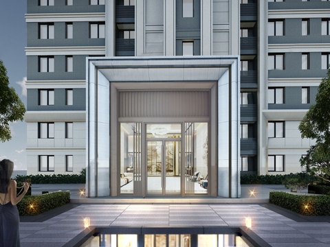 现代小区单元楼大门 入户双开门 小区入户门su模型