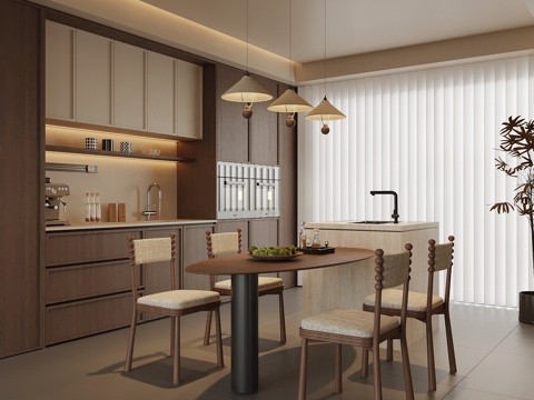 现代中古风餐厅 餐桌椅 餐边柜su模型