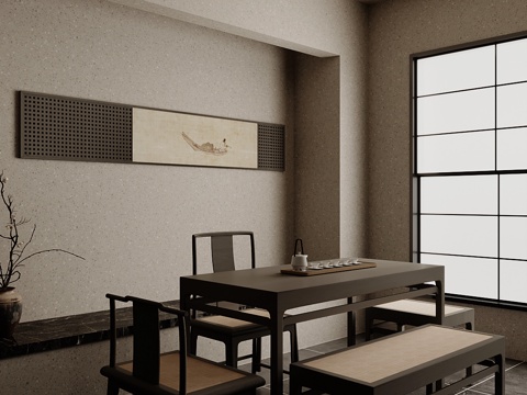 新中式茶台 茶桌椅su模型