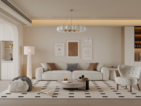 现代奶油风客厅 沙发茶几 多人沙发 挂画 吊灯 地毯su模型