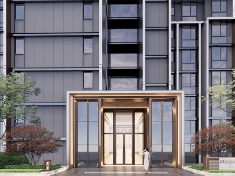 现代小区单元楼 入户双开门  小区入户门su模型