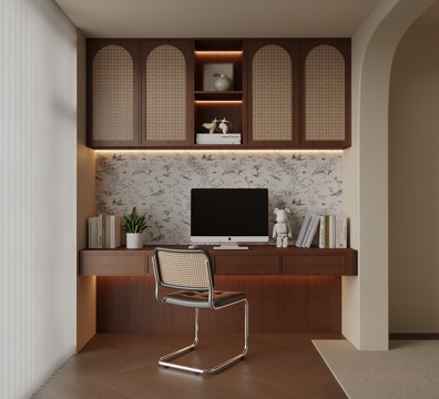 中古风阳台书房 书桌椅su模型