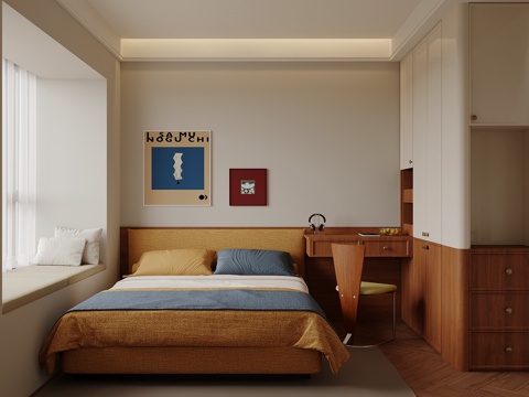 中古风卧室 次卧 双人床 衣柜su模型su模型