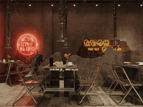  工业风烧烤店 火锅店 餐饮门店su模型 