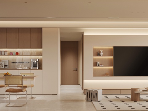 现代奶油风客餐厅 客厅 餐厅 电视背景墙su模型