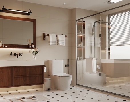 现代中古风卫生间 浴室柜 淋浴 马桶su模型