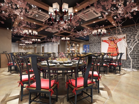  中式风格火锅店大厅3d模型 