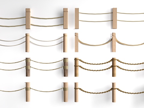 现代生态护栏 滨水护栏 绳索栏杆 户外木桩护栏su模型