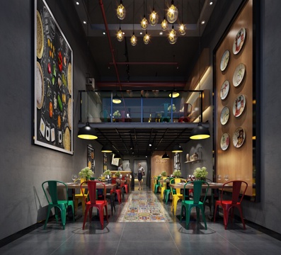  工业风餐厅 自助餐 火锅店 隔层3d模型 