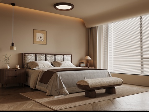 中古风卧室 双人床 床头柜 换鞋凳su模型