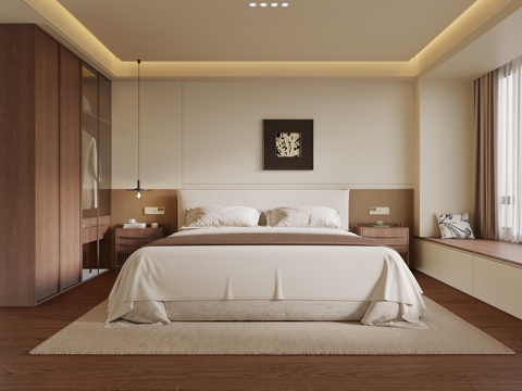 现代中古风卧室 双人床 衣柜su模型