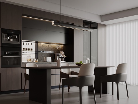 现代意式餐厅 餐桌椅 餐边柜 酒柜su模型