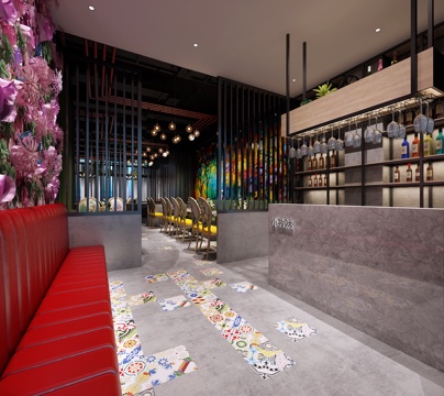  工业风餐厅 火锅店 吧台 卡座3d模型 