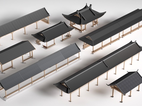 中式长廊 中式廊架 中式连廊su模型