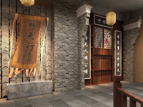  新中式烤肉火锅店 餐桌椅 挂画3d模型 